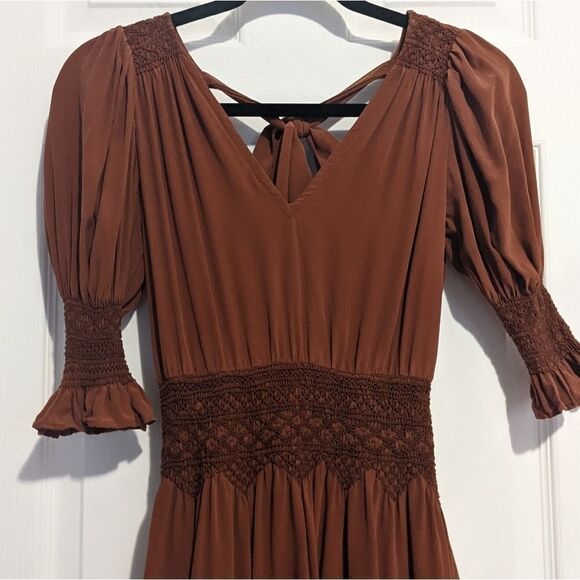 Love Sam Blixen Smocked Dress Cognac Silk Boho - Picture 2 of 12